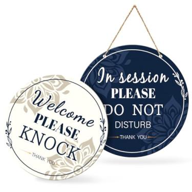 Imagem de Placa de porta em sessão para terapeutas de madeira "Please Do Not Disturb" para clínica de terapia de escritório dupla face, placa suspensa para tratamento de 23 cm (mandala azul)