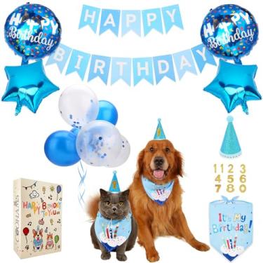 Imagem de O conjunto de decorações de festa de aniversário para cães e gatos inclui bandana, chapéu ajustável, balões, faixa de feliz aniversário para meninos e meninas. Disponível para raças pequenas, médias e