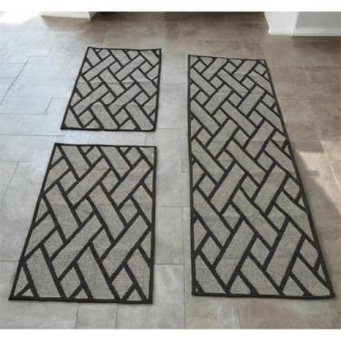 Imagem de Jogo de passadeira de cozinha tapete em jacquard antiderrapante 3 peças decoração impecável(Jogo M11 Tijolo Preto)