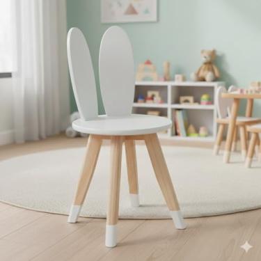 Imagem de Cadeira Infantil Coelho com Pés de Madeira Pinus e Tampo MDF, Azul, 61.5cm Altura, Suporta 20kg (Branco)
