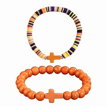 Imagem de XAM 2 peças de pulseiras coloridas feitas à mão com contas de pedra de argila para homens e mulheres, pulseira inspiradora de fé para cristãs, Páscoa, Ação de Graças, Natal, aniversário, joias, Middle