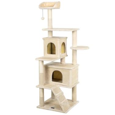 Imagem de Arranhador de gato grande, luxuoso, multifuncional com casas, cama, poleiros, escada e brinquedo (Bege)