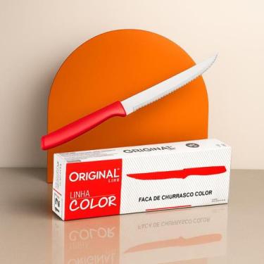 Imagem de Kit 12 Facas Mesa Churrasco Aço Inox Cabo Plástico Color vermelho - OR