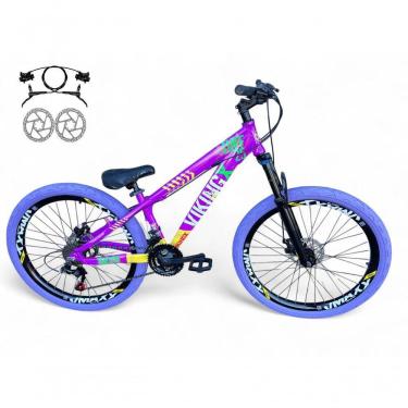 Imagem de Bicicleta Aro 26 Vikingx Tuff Freio Hidráulico 21v Freeride Rodas Vmaxx Suspensão Pneu Flame Roxo-amarelo X25