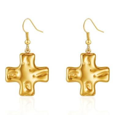 Imagem de Catuni Brincos de cruz martelada para mulheres, brincos de cruz grossa de ouro cristão, pingente moderno banhado a ouro 14K