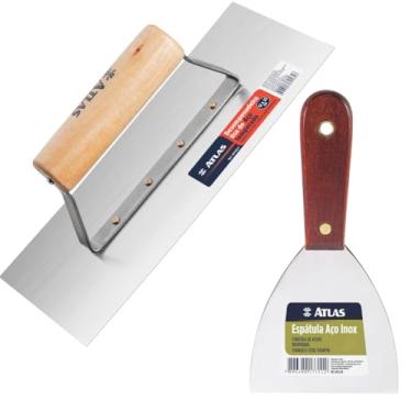 Imagem de Desempenadeira De Aço Lisa e Cabo em Madeira + Espátula Com Lâmina de Aço Inox Cabo de Madeira 10 cm