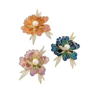 Imagem de 3 peças broche de flor de peônia para mulheres elegante conjunto de broche floral esmaltado delicado zircão cúbico pérola alfinetes de flores para roupas, chapéu, acessórios de vestido, joias de