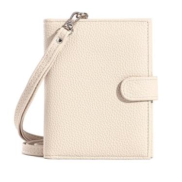 Imagem de Long Keeper Porta-passaporte para mulheres e homens, carteira antirroubo de couro PU com porta-cartão, bolsa de pescoço fina para viagem com cordão, Bege, Clássico