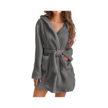 Imagem de Robe De Fleece Com Capuz Em Cor Sólida Para Mulheres Com Cinto, Pijama
