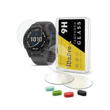 Imagem de iDaPro [Pacote com 4] Protetor de tela para Garmin Fenix 6 Pro/6 Multisport GPS 47 mm Watch + plugues de silicone antipoeira vidro temperado anti-arranhões sem bolhas