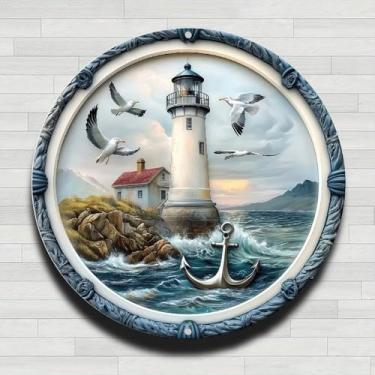 Imagem de Cena de farol costeiro com gaivotas em voo placa de parede redonda de alumínio rústico vintage - 20 cm presentes e decoração para ambientes internos e externos para casa, escritório, café e quintal