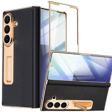 Imagem de YQODSZ Capa para Samsung Galaxy Z Fold 7 com suporte, capa de couro genuíno para celular com dobradiça magnética de vidro protetor de tela frontal cobertura total à prova de choque slim fit capa de