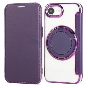 Imagem de Capa carteira para iPhone 16e com 3 compartimentos para cartão, bloqueio RFID, suporte de anel giratório de 360° e compatibilidade magnética, capa traseira transparente à prova de choque, suporta