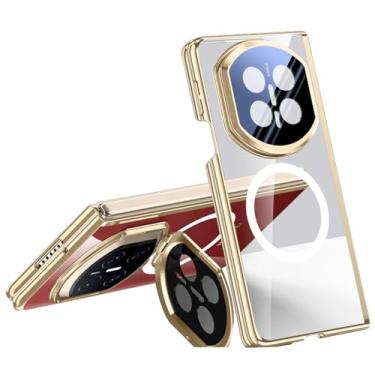 Imagem de POYUFRG Capa magnética para Huawei Mate X7, capa de proteção de dobradiça transparente galvanizada de luxo com capa de suporte de lente de metal, dourado, Mate X7
