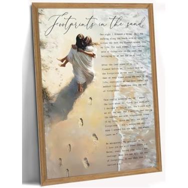 Imagem de YOXORDQ Footprints in the sand wall, impressão em tela Jesus segurando a mulher (pegada de moldura de madeira, 40,6 x 61 cm)