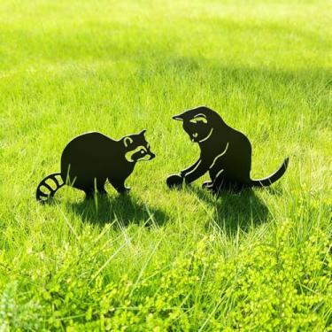 Imagem de Lume Cradle Pacote com 2 estacas de jardim de gato preto e guaxinim, arte de quintal de metal para exterior, estátuas decorativas de silhueta para jardim, gramado, pátio, ornamentos fofos de animais