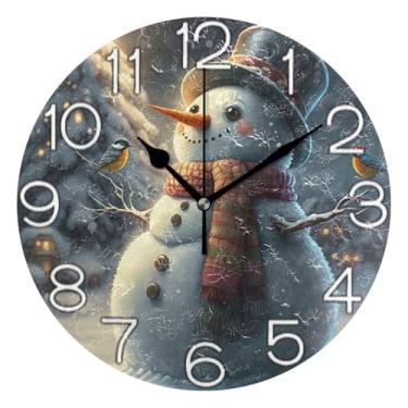 Imagem de GAIGEO Relógio de parede analógico decorativo para sala de aula, relógio de escritório, movido a bateria, arte de parede moderna descolada, decoração de casa, boneco de neve, pássaros, Natal, 25 cm