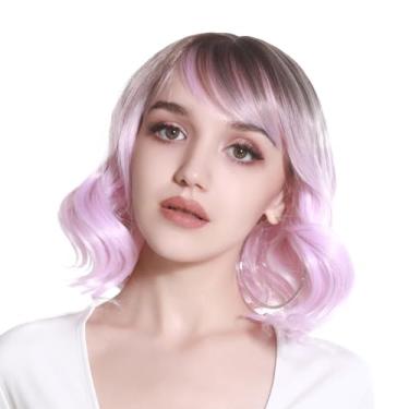Imagem de Peruca curta Bob com franja franja ondulada cacheada perucas para mulheres sintético Pixie linda peruca falsa em camadas rosa com raiz escura