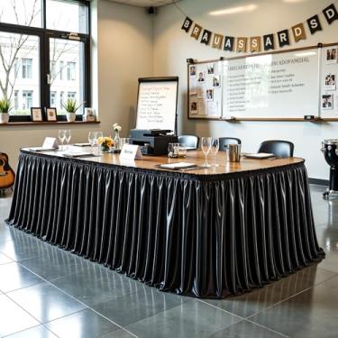Imagem de Saia de mesa de cetim preto 2,5 m brilhante de elastano para mesas retangulares/redondas, saia de mesa plissada com babados, toalha de mesa sem rugas para cozinha doméstica, festa de aniversário