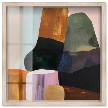 Imagem de Stacked Rocks I Shadowbox Print Taupe Boho Wall Art por Art Remedy, moldura loira, 78 x 79 cm