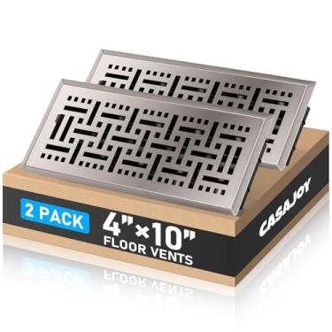 Imagem de CASAJOY Registro de piso 10 x 25 cm, ventilação de piso de metal resistente, fácil ajuste, suprimento de ar, capas de ventilação decorativas para casa - trama de cesta, níquel acetinado, pacote com 2