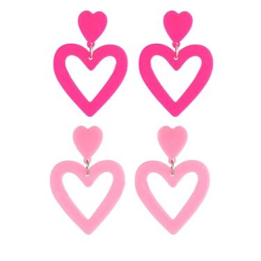 Imagem de 2 pares de brincos de coração rosa para mulheres meninas rosa choque amante brincos de coração brilhante três corações conjuntos de brincos pendentes para 80 anos 90 joias presentes dia dos namorados