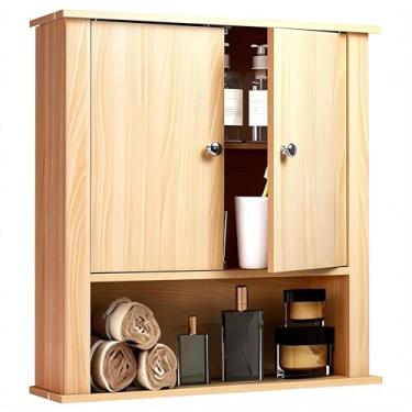 Imagem de UYIHOME Armário de remédios montado na parede com 2 portas, armário de parede de banheiro suspenso sobre vaso sanitário, armário de armazenamento superior para banheiro, cozinha, lavanderia (natureza)