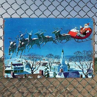 Imagem de Santa Rena Trenó Sobre a Cidade Decorações de Natal Arte de Parede de Alumínio Rústico e Placa de Metal - 20 x 30 cm Decoração Vintage Interior Exterior para Casa, Escritório, Café, Quintal e Jardim