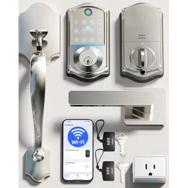 Imagem de Veise VE017G-H Conjunto de fechadura inteligente Wi-Fi com impressão digital, controle remoto de aplicativo, fechadura de entrada sem chave com alça, teclado retroiluminado, IP55 à prova de