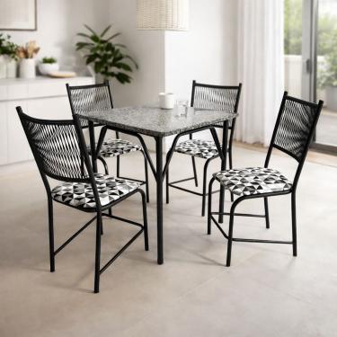 Imagem de Conjunto Famais Noruega Mesa de Jantar Quadrada com Tampo em Granito + 4 Cadeiras em Aço Carbono com Assento Estofado - 90x70cm