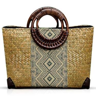 Imagem de QTKJ Bolsa de palha, sacola de vime feita à mão na praia de verão, bolsa grande de tecido de palha, bolsa de vime retrô boho para mulheres, férias, praia, viagem (natural), Natural