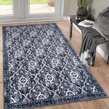 Imagem de KILOCOCO Tapete marroquino lavável para sala de estar 7,5 x 12,5 cm, vintage, floral, interior, antiderrapante, tapete de entrada, tapete de cozinha para lavanderia, sala de jogos, escritório, preto