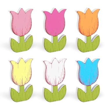 Imagem de AllReal 6 Peças Placas De Tulipas Primavera, Madeira Florais Multicoloridas Retrô, Flor Tulipa, Peça Central Mesa Madeira, Bloco Tulipa Rústico Para Decoração Bandeja Em Camadas Casa Páscoa
