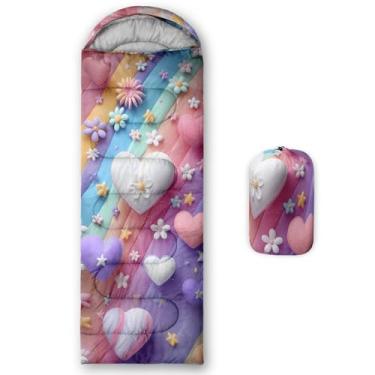 Imagem de QOOMO Sacos de dormir à prova d'água com flores fofas coloridas para adultos e crianças, sacos de dormir estampados para acampamento, clima quente e frio, leve, viagem e ao ar livre, equipamentos de
