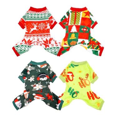 Imagem de PET SHOW Pacote com 4 pijamas de Natal para cães pequenos, roupas para cães, meninas, meninos, macios, pijamas de Natal, macacão de cachorro, gatos, macacão vermelho e verde com manga para animais de