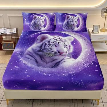Imagem de AILONEN Jogo de lençol kawaii, casal de tigre branco, sonhador, galáxia, estrelas, lua + 2 fronhas, 3 peças com tema de animal tigre fofo para crianças