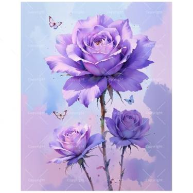 Imagem de Kit de pintura botânica por números para adultos – Flores de rosas roxas DIY com pintura de borboletas em tela, conjunto de tinta acrílica, adequado para iniciantes, arte para decoração de casa ou