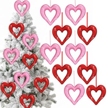 Imagem de Soulchen 10 peças de enfeites de árvore de coração de dia dos namorados grande vermelho e rosa brilhante decoração de parede de espuma de coração 3D glitter amor romântico Natal Dia dos Namorados