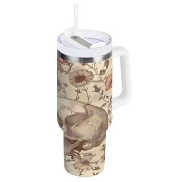 Imagem de SEHANY Copo Skull Gothic de 1,134 g com alça, copo isolado de aço inoxidável de parede dupla, à prova de vazamento, caneca de café isolada para viagem, cabe no suporte de copo de carro