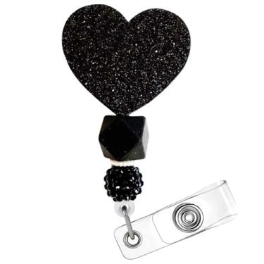 Imagem de Carretel de crachá de coração preto, bonito, escuro, estético, minimalista, brilhante, porta-identidade, com clipe retrátil, acessórios de consultório médico, presente para professores, enfermeiros