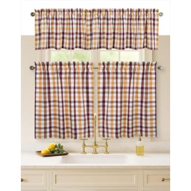 Imagem de Softopia Cotton Conjunto de cortinas de janela Gingham Check de 3 peças, 2 camadas 66 x 91 cm e 1 saia 137 x 46 cm, semitransparente, com bolso para varão - vinho bordô, marrom, amarelo mostarda