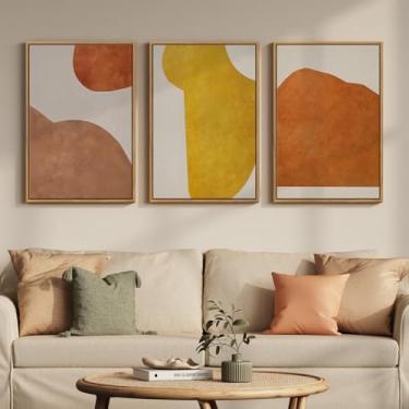 Imagem de Arte de parede boho abstrata colorida emoldurada para sala de estar, arte minimalista geométrica em tela neutra de 3 peças para paredes, decoração de parede amarela laranja moderna de meados do século