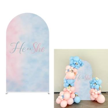 Imagem de Agogos Capa de fundo de arco rosa azul para meninos ou meninas elastano elástico para decoração de festa de aniversário e banquete (6 x 1,5 m, arco-íris)