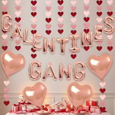 Imagem de YQUQWN Galentine's Gang Party Decorações Happy Galentine's Gang Banner Set 40.6 cm Letras Balões 45.7 cm balão em forma de coração luz brilhante Banner para senhoras meninas Happy Galentines Day Party