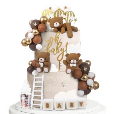 Imagem de Acmee 44 peças de topo de bolo de urso marrom - Mini urso 3D letras do bebê garrafa de leite bolas de espuma dourada marrom topos de bolo para meninos meninas festa de aniversário decoração de bolo de