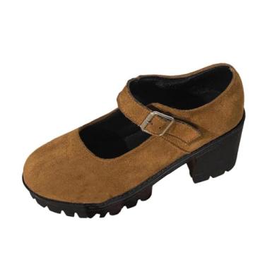 Imagem de Mocassins femininos modernos, casuais, sólidos, bico redondo, salto médio, camurça flocada, Marrom, 35