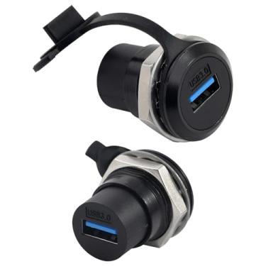 Imagem de PENGLIN 2 peças de soquete redondo USB 3.0, acoplador de montagem em painel USB tipo A fêmea para fêmea com tampa à prova d'água, soquete de transferência de dados/carregador