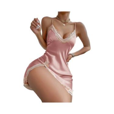 Imagem de Camisola Feminina Sem Costas Em Renda Contrastante E Cetim, Vestido De