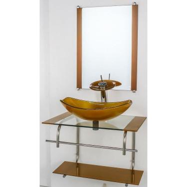 Imagem de Gabinete Vidro Banheiro Inox60Cm Cuba Oval Chanfrada Dourado