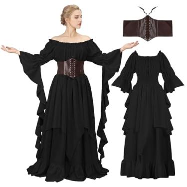 Imagem de nezababycos Vestido feminino vitoriano renascentista, fantasia gótica medieval, vestido de camisa de pirata de bruxa, vestido de manga comprida para casamento (preto, 2X-Grande/3GG)